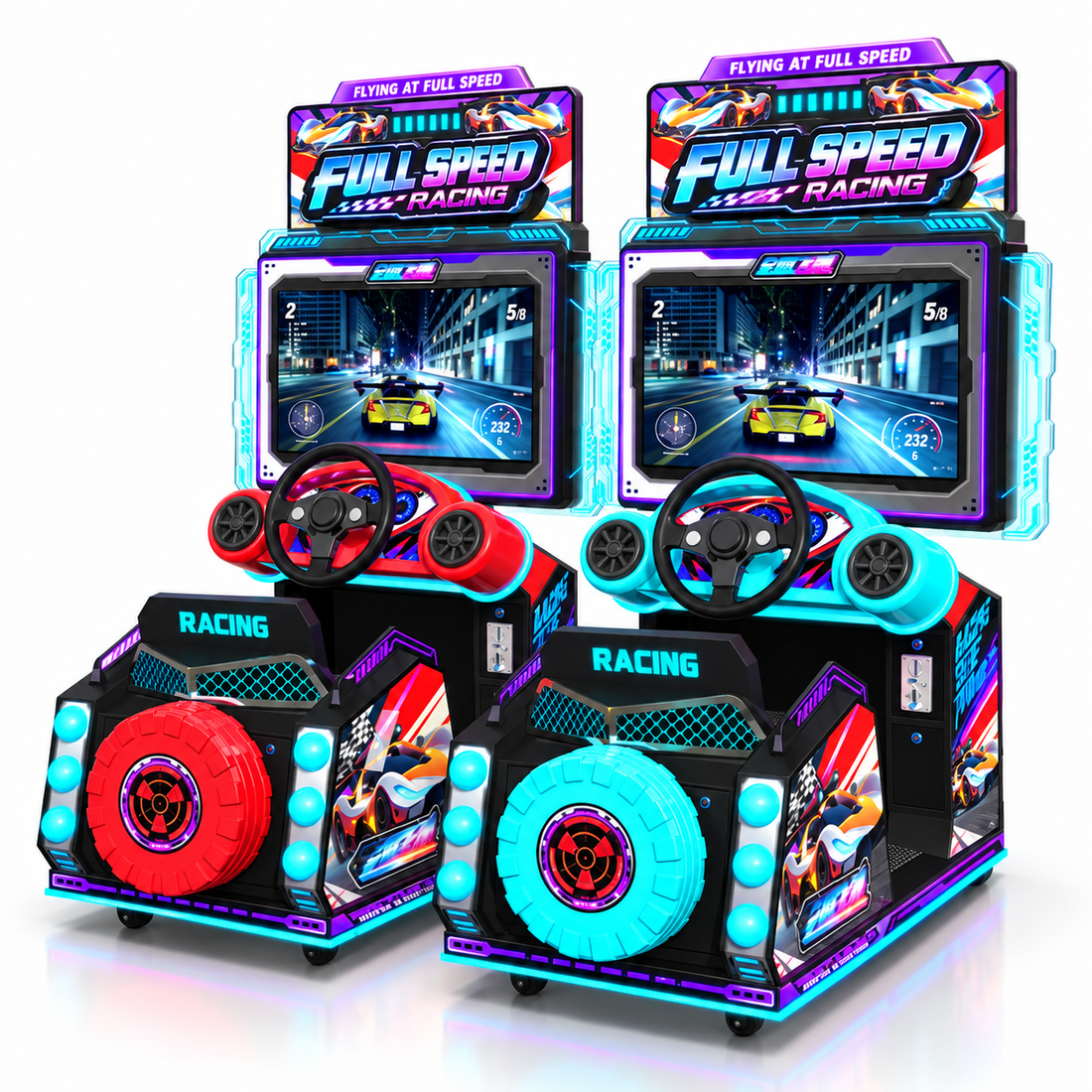 Commercial racing arcade machine in entertainment venue scene