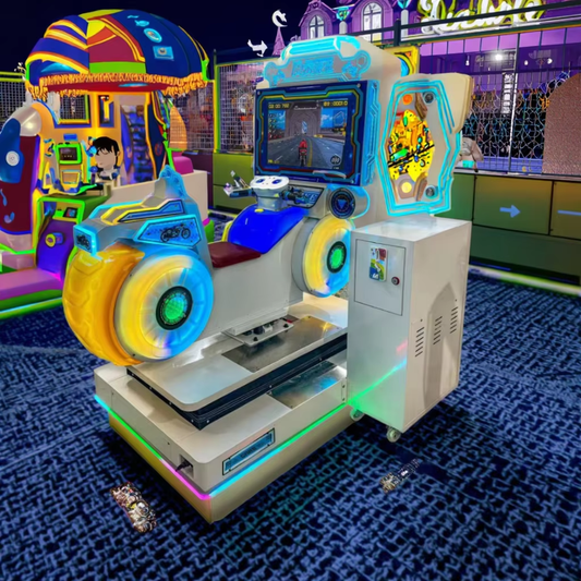Arcade Racing Game Swing Machine Kiddie Ride Motorcycle Simulator in Plastic Fiberglass 1 Year Warranty English Language
