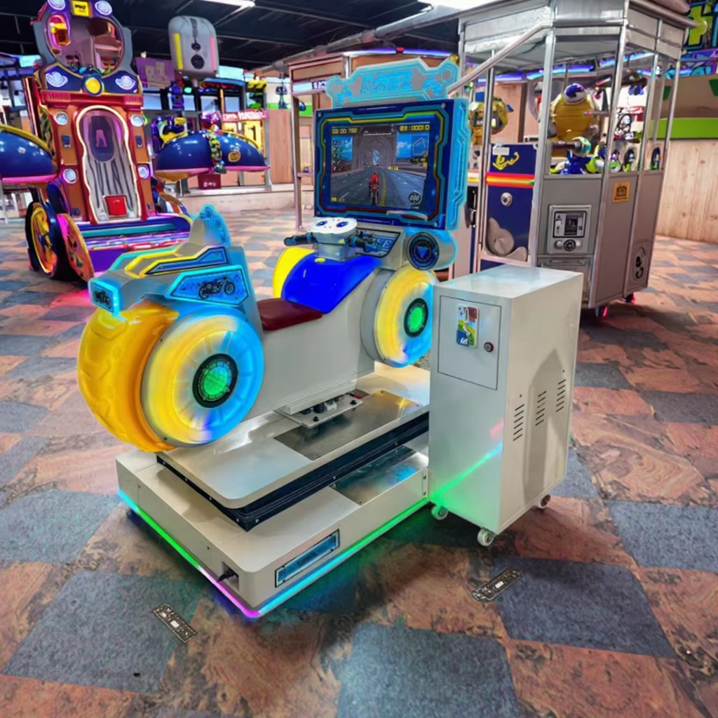 Arcade Racing Game Swing Machine Kiddie Ride Motorcycle Simulator in Plastic Fiberglass 1 Year Warranty English Language