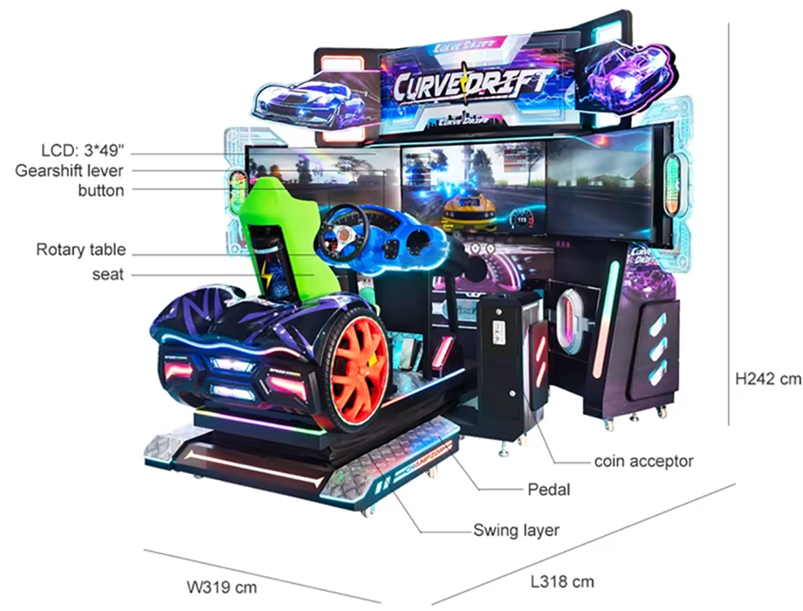 Coin-Operated Curved Drift Racing Video Game Arcade Machine Metal Construction Motion Control