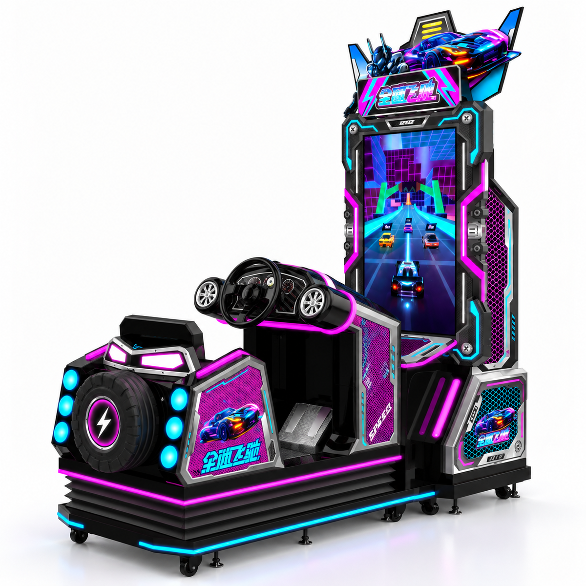Commercial racing arcade machine side angle