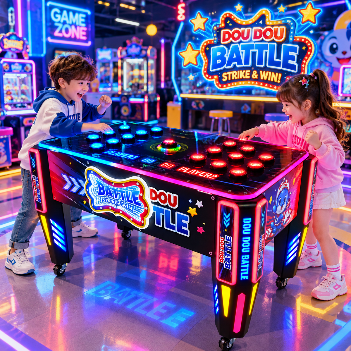 Illustration of children playing a Dou Dou Battle arcade game