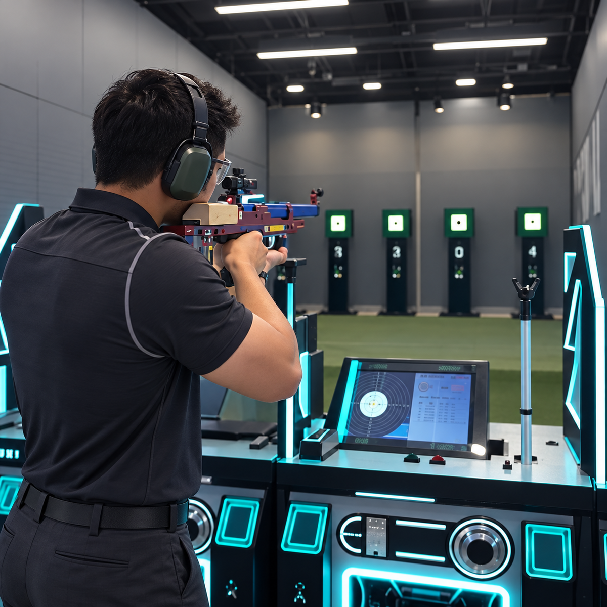 Adult player using an indoor digital shooting simulator