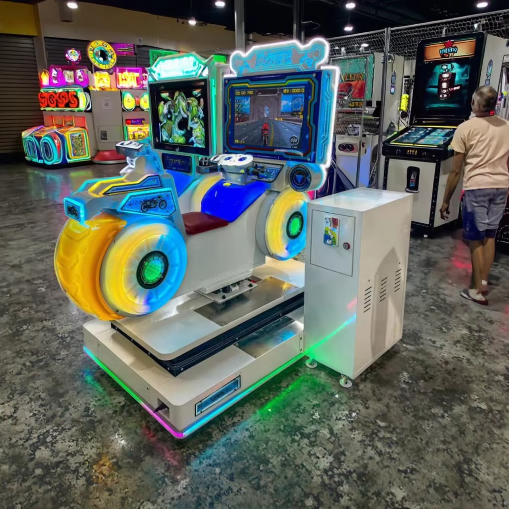 Arcade Racing Game Swing Machine Kiddie Ride Motorcycle Simulator in Plastic Fiberglass 1 Year Warranty English Language