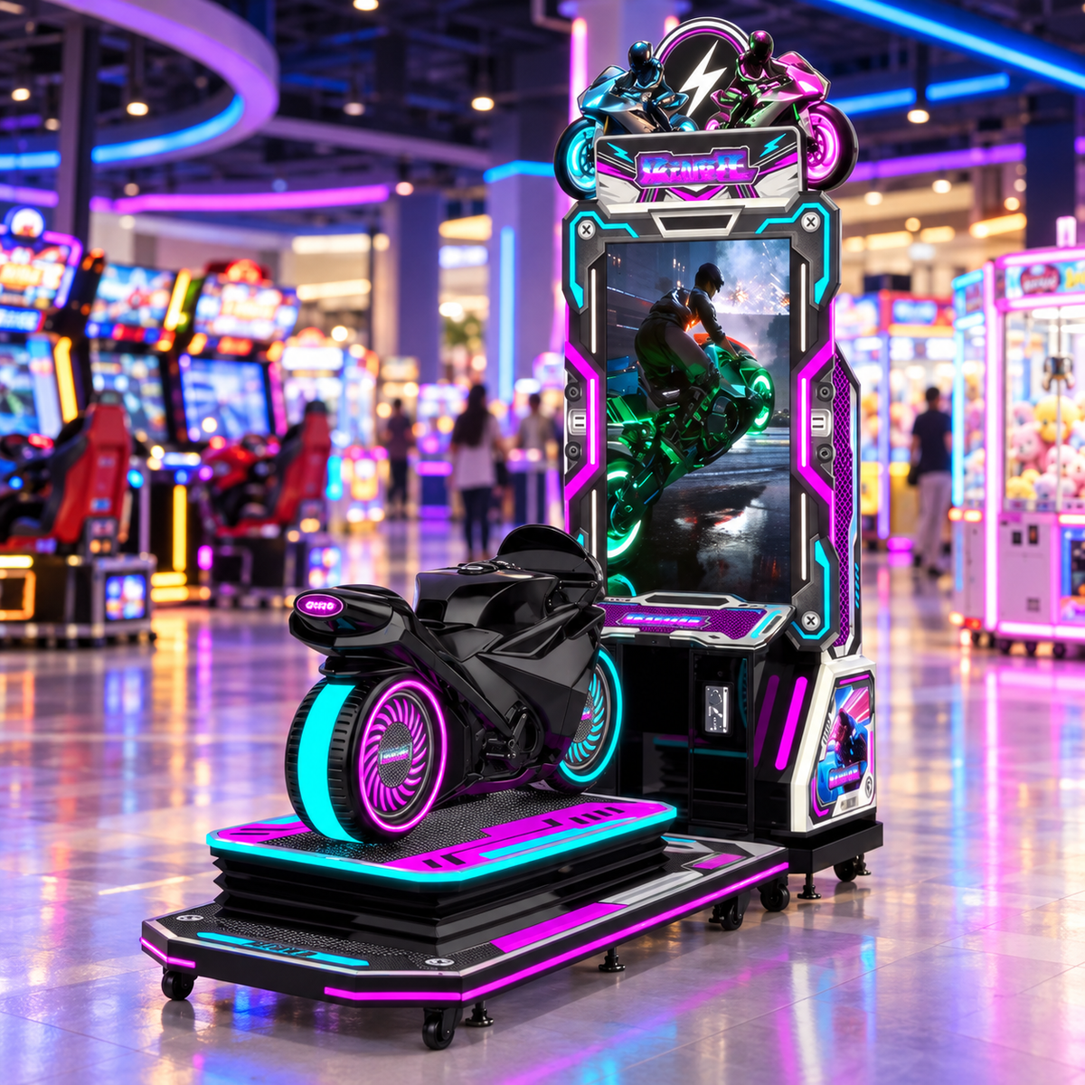 Motorcycle racing simulator in a commercial arcade center